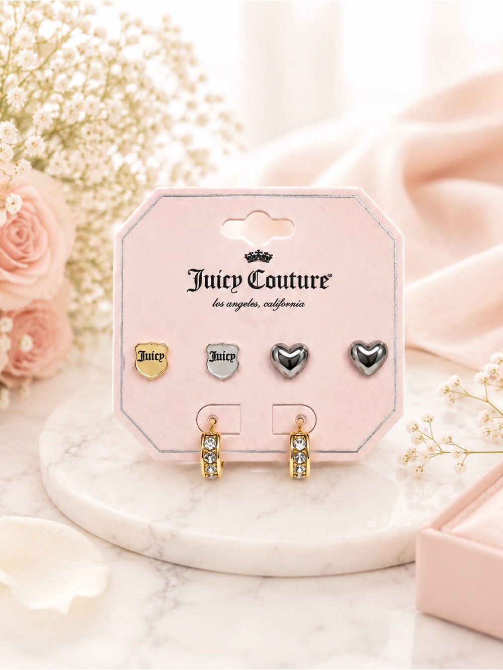 Juicy Couture Mixed Metal Stud & Hoop Earring Set | Gold Silver Heart Crystal